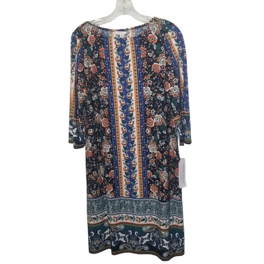 London Style Collection 10 Shift Dress Knee Length Slinky Stretch Navy Floral